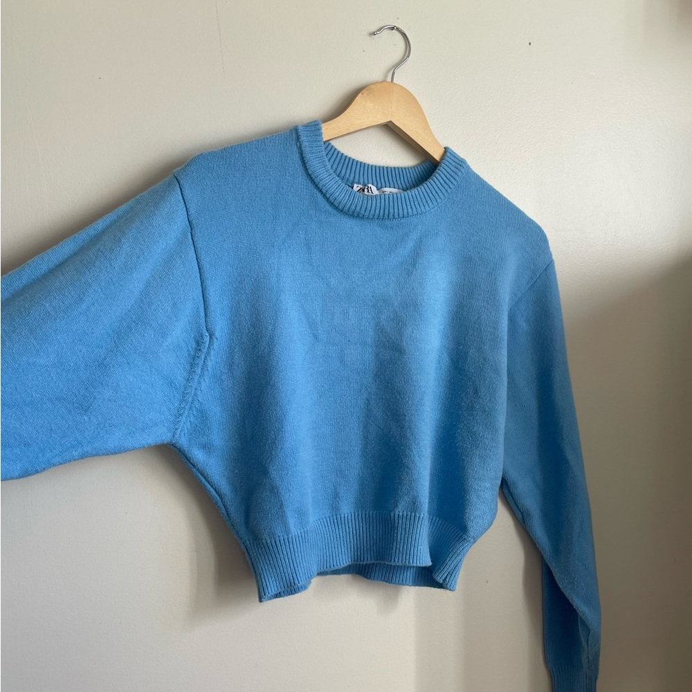 Zara Cropped Knit Crewneck Sweater (Blue, L)